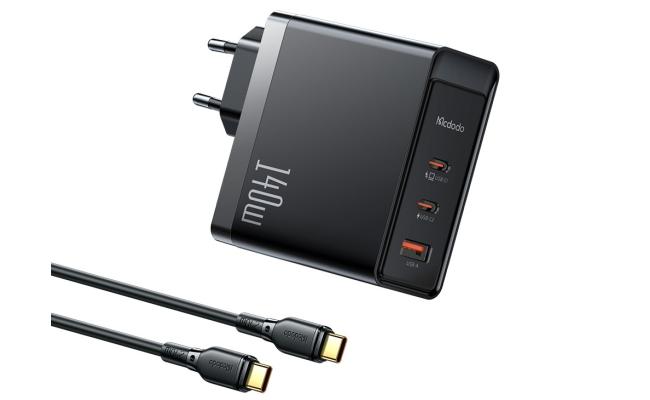 Mcdodo CH-2913 140W GaN5 Pro Fast Charger with two USB-C ports and one USB-A port + 1.2 m 240W USB-C to USB-C Cable, Compatible with MacBooks, iPhones, Samsung Galaxy, Huawei, Xiaomi, Dell, Lenovo, and more – Black